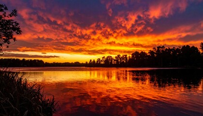 Vibrant Sunset Over Calm Lake with Colorful Cloudy Sky
