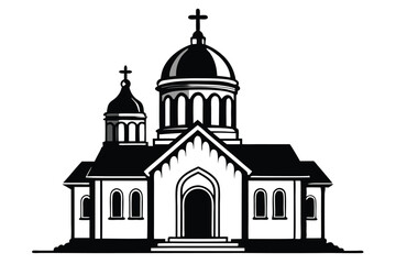 Monochrome Illustration of a Church Building with Dome, Crosses, and Arched Windows