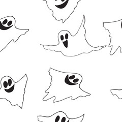 Seamless Halloween Pattern with Smiling Ghosts Black and White Doodle Style
