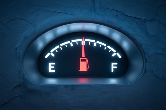 Close up of a car s fuel gauge with the needle pointing towards empty indicating a low fuel level and the need for refueling