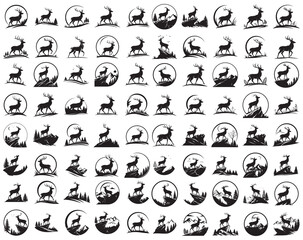 Set of Black and White Deer Silhouettes in Mountain Landscapes