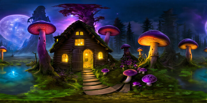 Witch mushroom house in enchanted forest - full 360 degrees seamless spherical panorama HDRI equirectangular projection. Texture environment map for lighting and reflection source rendering 3d scenes
