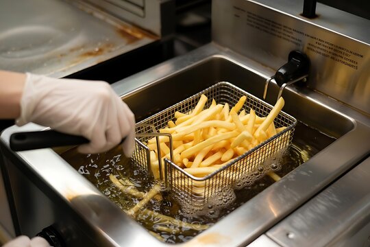 Close up of golden french fries being fried in a commercial deep fryer basket submerged in hot bubbling oil