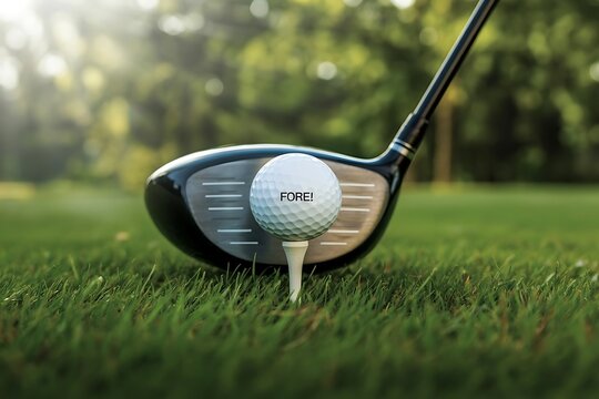 Golf driver club and white ball with the word fore printed on it placed on a tee in green grass with bokeh background