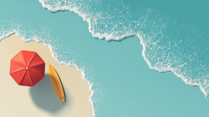 Minimalist flat lay beach scene with umbrella and surfboard