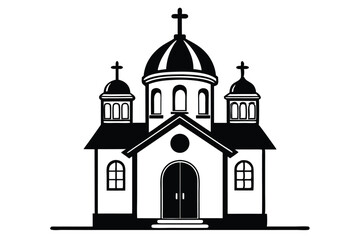 Black and White Icon of a Church with Domes and Crosses