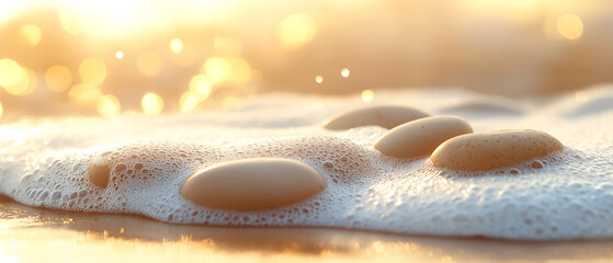 ocean foam reaching beach stones golden hour sunlight summer background