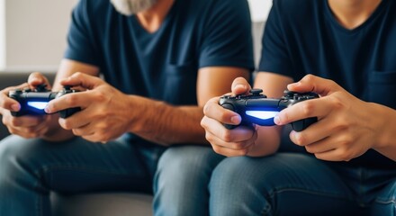 A father and teenager's hands on video game controllers