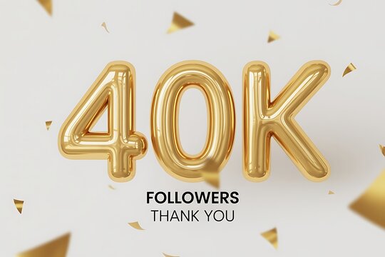 Shiny golden 40k followers balloon numbers with falling confetti and text thank you for social media celebration