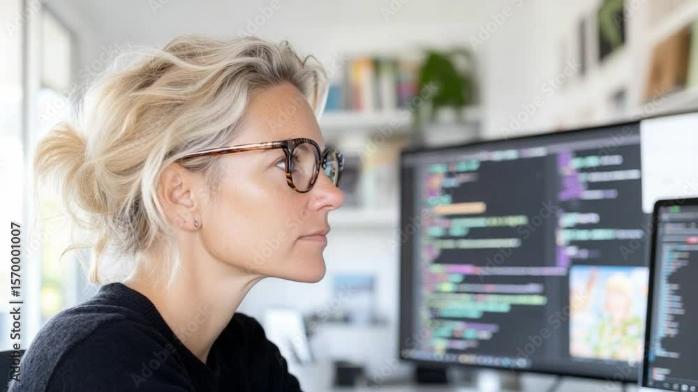 Poster concentrated programmer: a blonde woman wearing glasses intensely focuses on code displayed on multi