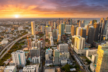 Miami, Florida, USA. Aerial view of American downtown office district at sunset. High commercial...