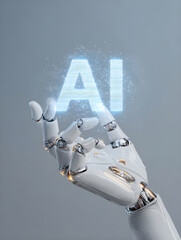 Futuristic Robot Hand Holding Glowing AI Letters