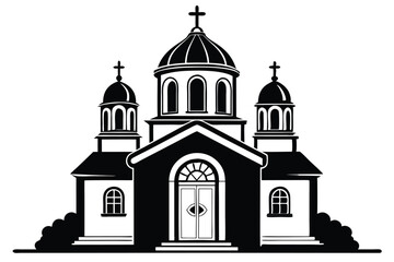 Black and White Vector Illustration of a Traditional Church Building with Crosses and Dome