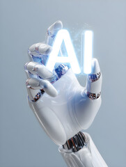 Futuristic Robot Hand Holding Glowing AI Letters