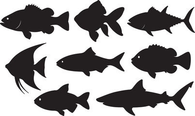 Black Fish Silhouettes: Diverse Marine Life Collection, Vector Art