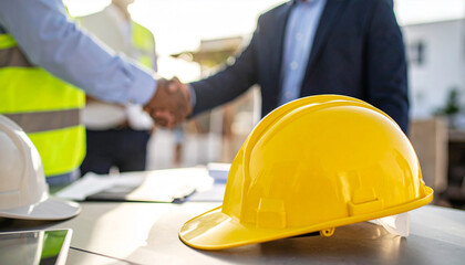 Yellow construction helmet. Protective headwear. People shaking hands on backdrop. Business deal.