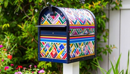 Colorful Mailbox with Geometric Patterns Surrounded by Greenery