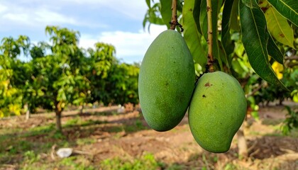 Fresh Green Mangoes Hanging on Tree Branch in Sunny Orchard