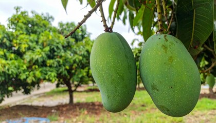 Fresh Green Mangoes Hanging on Tree Branch in Orchard Setting