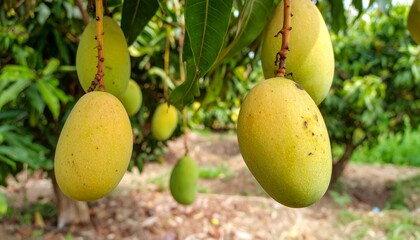 Fresh Mangoes Hanging from Branches in Lush Green Orchard