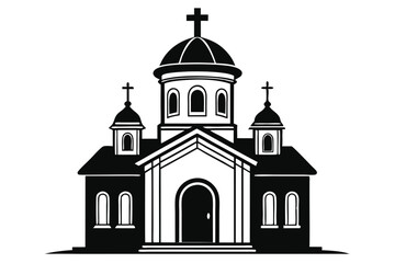 Silhouette Illustration of an Orthodox Church with Crosses and Arched Windows against White