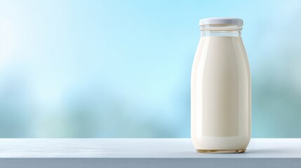 The glass bottle of fresh milk against a soft blurred background.