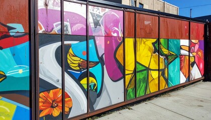 Colorful Urban Mural on Wall with Abstract Shapes and Designs