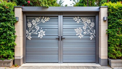 Elegant Grey Garage Door with Floral Design Surrounded by Greenery