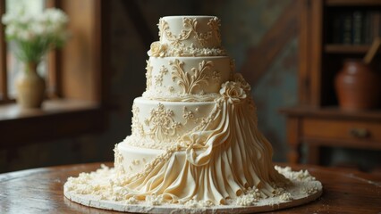 Multi layered cream wedding cake