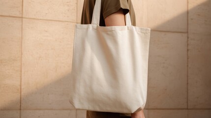 The stylish plain tote bag held by a person against a textured backdrop.