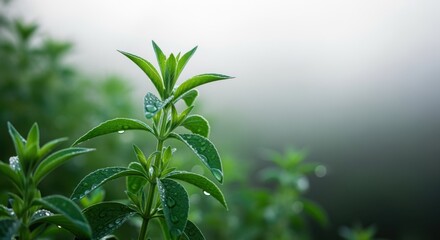 Obraz premium Fresh green leaves of a plant are covered with sparkling dew drops on a misty morning, creating a serene and refreshing natural scene with a blurred background