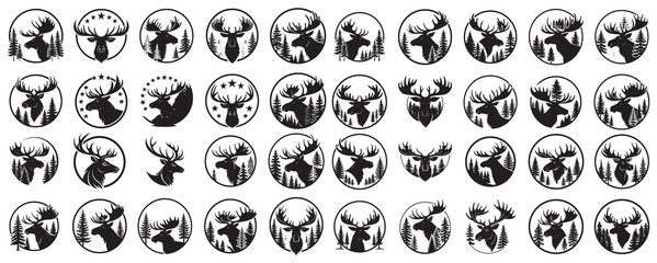 Moose Head Silhouette Logo Collection with Forest and Pine Tree Elements