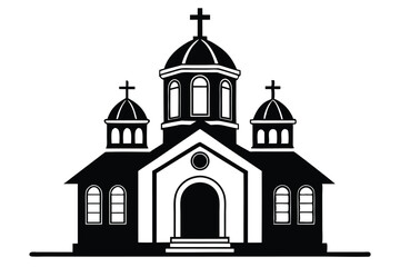 Black and White Silhouette of Orthodox Church with Domes and Crosses Illustration