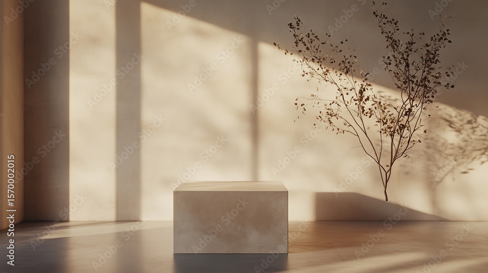 Aufkleber natural light casts soft shadows on a minimalist interior with a simple block and a bare branch