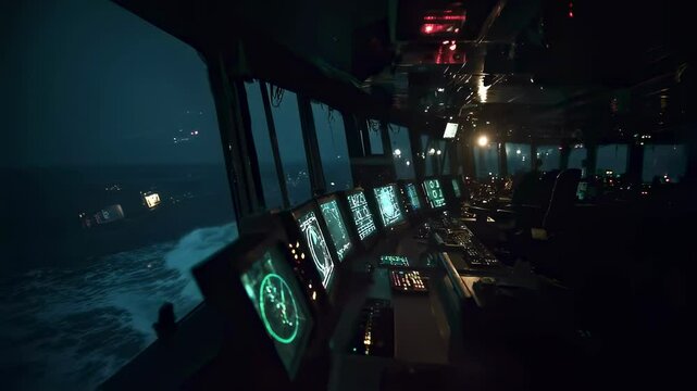 A nighttime scene showing a ships bridge with multiple communication devices lit up exemplifying the use of redundant maritime systems to maintain contact with coast guard and fleet