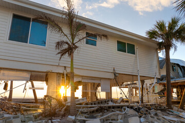 Storm surge severe damage to waterfront houses after hurricane Milton in Englewood, Florida....