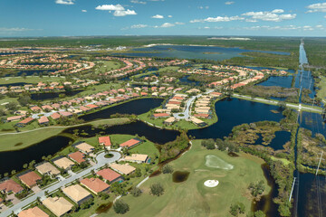 Surrounded by hurricane Ian rainfall flood waters homes in Florida residential area. Aftermath of...