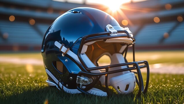 American football helmet resting on grass with stadium lights in the background