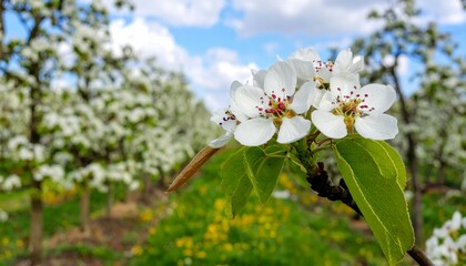 Blooming White Flowers in Orchard with Lush Green Grass Background
