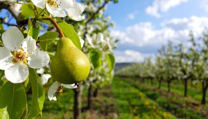 Pear Tree in Blossom with Green Fruit Under Bright Blue Sky