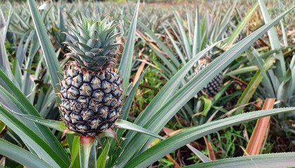 Fresh Pineapple Growing in Lush Green Plantation Under Bright Sunlight