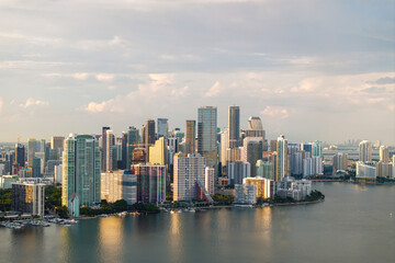 Urban cityscape of Miami Brickell downtown district in Florida, USA. Skyline with waterfront...