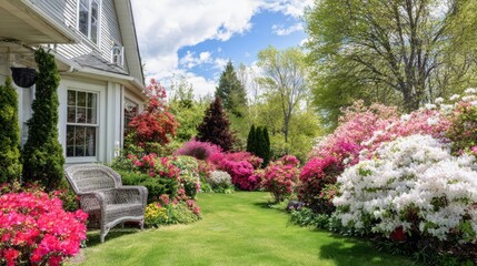 The flourishing garden showcasing vibrant azaleas and serene landscaping in spring.