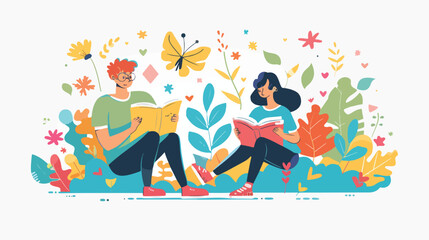 Lost in Literary Worlds: A Couple Immersed in Books at a Book Fair man love calm woman happy hobby  