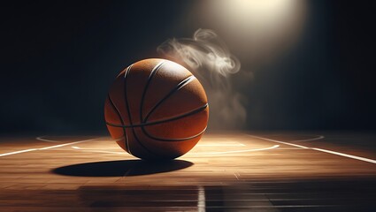 Basketball on a wooden court with dramatic spotlight and wisps of smoke