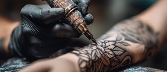 The tattoo artist meticulously creates an intricate floral design on skin.