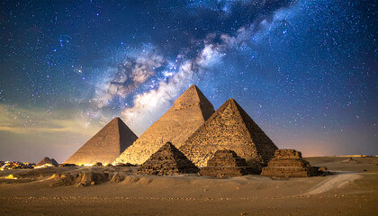 Egyptian pyramids illuminated under starry night sky. Milky Way above ancient monuments.