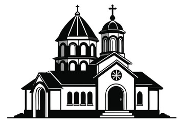 Black and White Illustration of an Armenian Church with Crosses and Architectural Details