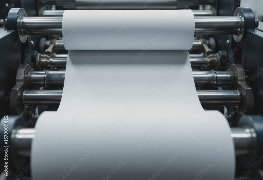 Poster paper production rollers processing continuous sheet material in a factory