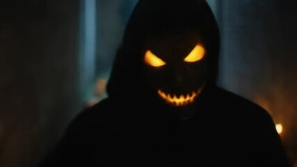 Sinister chase during Halloween night featuring a frightening figure amid festive ambiance